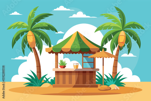 Tropical beach bar with palm trees and sunny sky