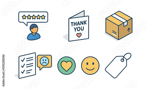 Customer experience icons: review, thank you card, delivery, satisfaction, return label
