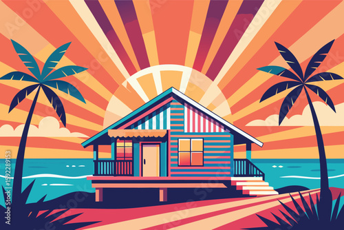 Tropical beach bungalow at sunset with palm trees
