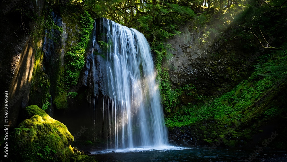 Obraz premium Lush forest waterfall cascading over mossy rocks nature green
