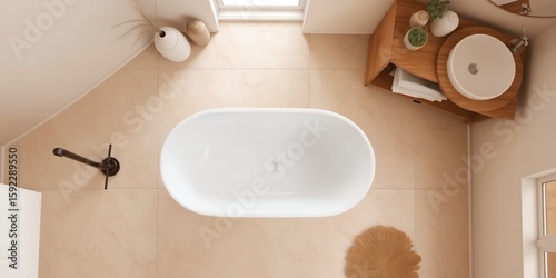 Overhead view of a modern bathroom with a tub, sink, and neutral color scheme