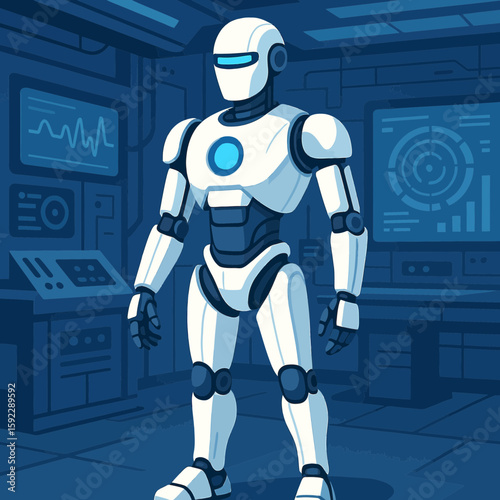Flat Style Detailed Robot Illustration with Screen Displays in a Futuristic Lab