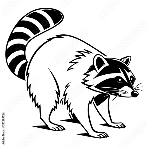 A stylized raccoon walks with a prominent striped tail