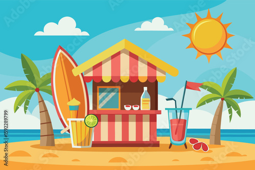 Vibrant beach bar with surfboard and tropical drinks