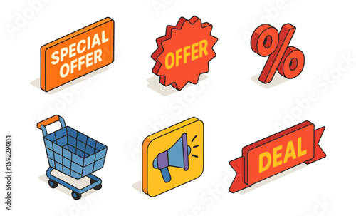 Colorful shopping icons: special offer, discount, megaphone, shopping cart, deal badge
