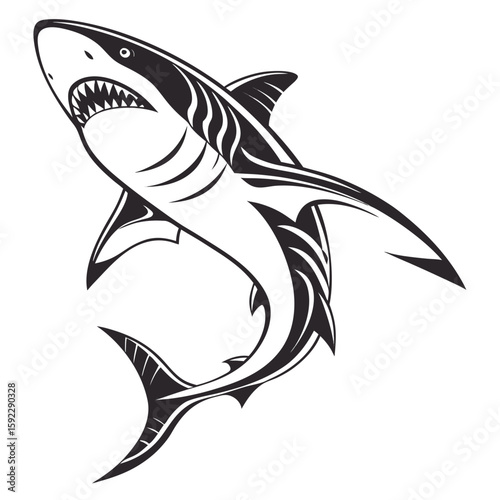 A stylized illustration of a great white shark