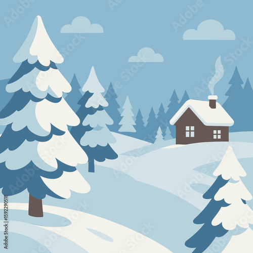 Minimalist Winter Landscape with Snowy Cottage and Pine Tree Illustration