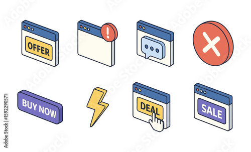 Isometric icons for e-commerce: offer, notification alert, popup message, close icon, cta button, flash sign, deal, sale banner