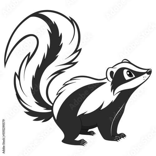 A cute cartoon skunk with a bushy tail stands on white
