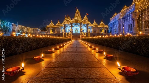 Hindu temple illuminated with lights for Diwali. Pathway lined with glowing diyas leading to a traditional Indian mandir at night.
