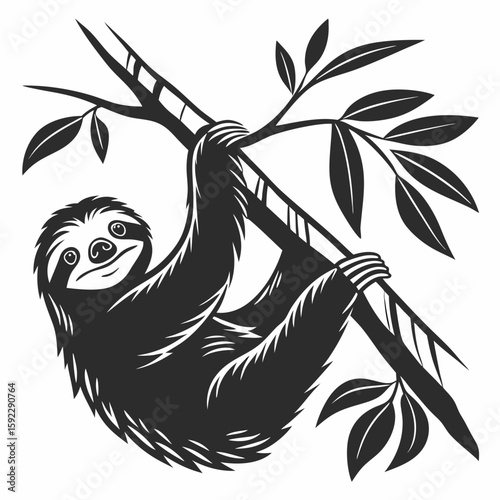 A cute sloth hangs from a tree branch with leaves