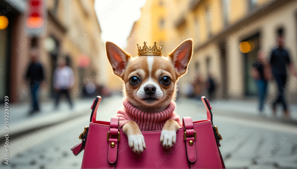 Fototapeta A petite dog in a pink outfit and crown poses in a fashion handbag