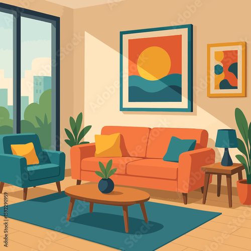 Vibrant and sunny modern living room interior illustration. A simple, composed scene with stylish furniture, art, and a large window.