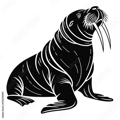 A majestic walrus with large tusks sits proudly