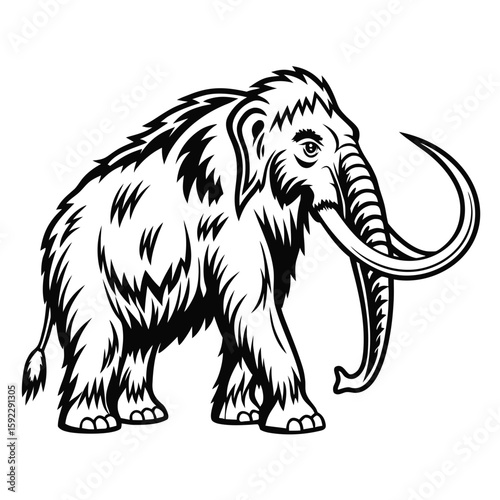 A prehistoric mammoth with large tusks and fur