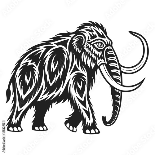 Tribal art style mammoth with intricate patterns