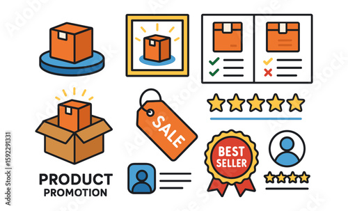 Product promotion icons featuring boxes and best seller labels in a colorful design