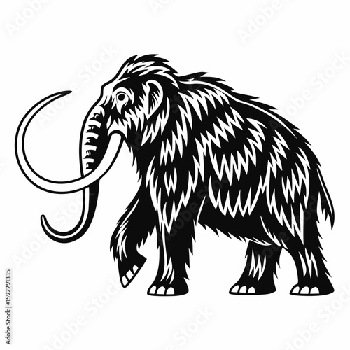 A black and white drawing of a woolly mammoth