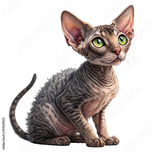 Hairless Sphynx kitten with wide eyes and wrinkled skin