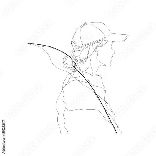 Side profile of young Caucasian woman with fishing rod in cap, continuous line minimalist SVG artwork for adventure blogs, outdoor lifestyle brands or Women's Day themes on transparent background.