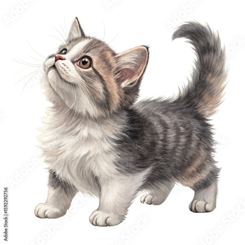 Fluffy gray kitten with white chest and raised paw