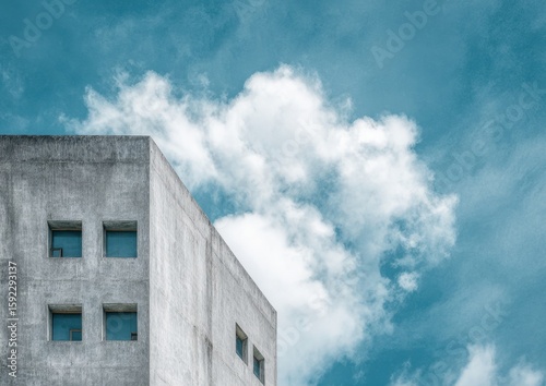 A gray concrete building with square windows, set against a backdrop of blue sky and white clouds Generative AI
