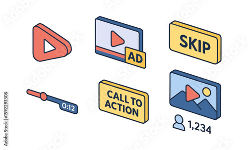 Video interface elements: play button, ad warning, skip option, timer, call to action, viewer count