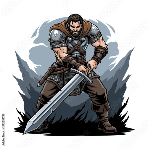 Valiant Warrior and his Sword: A valiant warrior stands poised with sword at the ready, ready for action, embodies strength, courage, and valor.