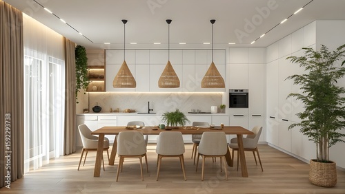 Modern Minimalist Kitchen and Dining Room with Natural Wood Accents and Scandinavian Design