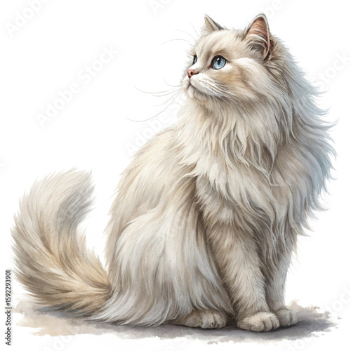 White long haired cat sitting calmly with majestic fur