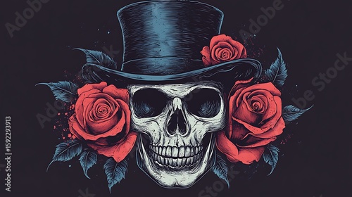 A gothic-inspired skull wearing a vintage top hat, surrounded by blooming roses—where elegance meets the macabre in striking contrast.

