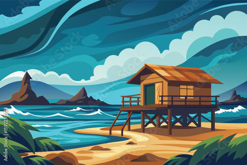 Tropical beach hut with ocean waves and dramatic sky