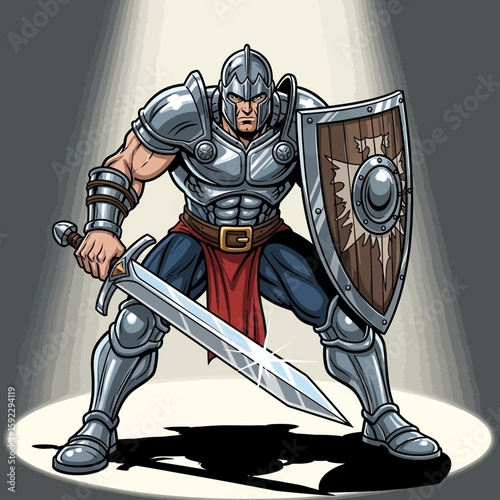 Warrior in Armor: A valiant warrior stands prepared in gleaming armor, clutching a sharp sword and sturdy shield under a spotlight's focused beam, a symbol of strength and readiness.