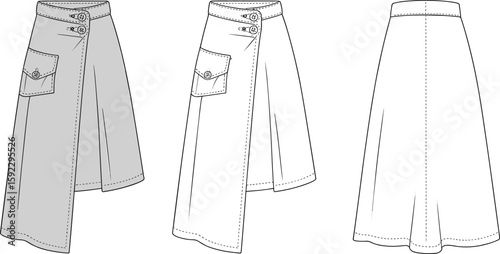 CAD drawing flat vector illustration of wrap skirt sewing pattern, fashion template, garment technical sketch, apparel construction, clothing design