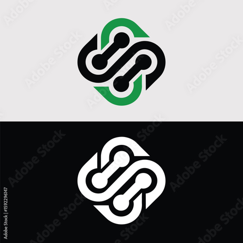 A modern logo design features an abstract shape resembling interconnected links, symbolizing connection, technology, and innovation