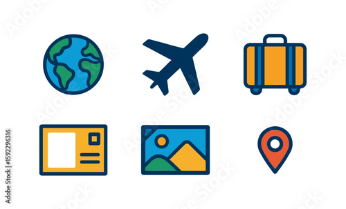 Travel icons: globe, airplane, luggage, postcard, landscape photo, wanderlust pin