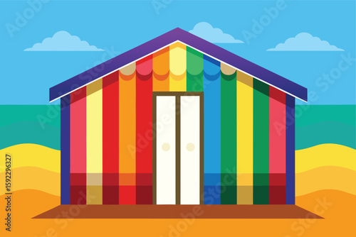Vibrant rainbow beach hut on sandy shore