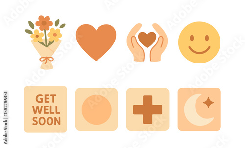 Heartfelt icons: flowers, heart, hands, smile, wellness, cross, moon