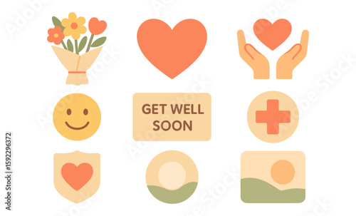 Get well soon symbols: heart, flowers, cross, and emoji on beige background