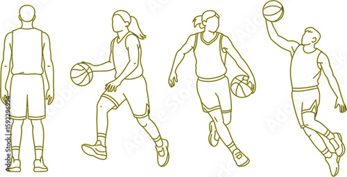 Basketball players line art vector illustration sports action dribbling shooting training practice game, editable vector.