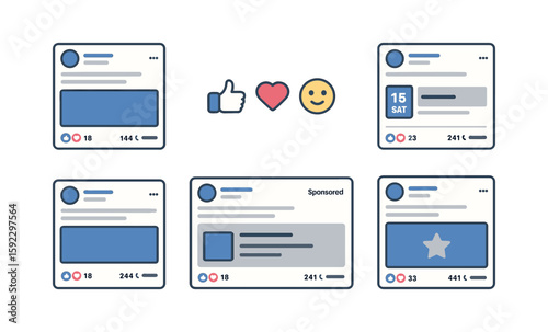 Variety of facebook post layouts with icons and engagement metrics