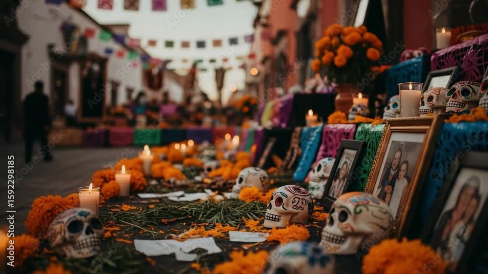 Traditional Mexican altar with decorated skulls and marigold flowers. Ofrenda with candles and photos for a day of remembrance celebration.