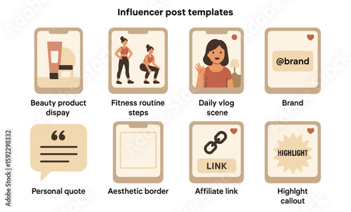 Influencer post templates with beauty, fitness, and branding elements illustrated