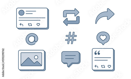 Social media icons: tweet, retweet, share, mention, hashtag, like, comment, image