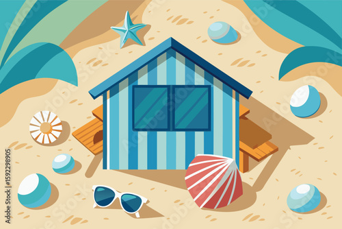 Beach hut summer scene with sunglasses and beach ball
