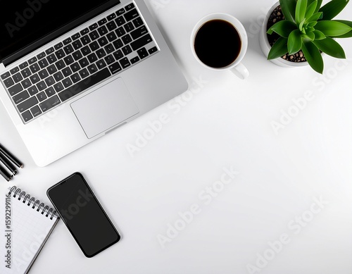 Flat Lay Workspace with Laptop, Smartphone, Coffee Mug, Notepad, and Plant on White Desk