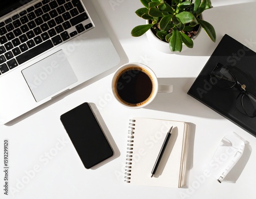 Flat Lay Workspace with Laptop, Smartphone, Coffee Mug, Notepad, and Plant on White Desk