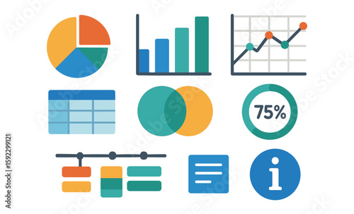 Colorful infographic elements: pie chart, bar graph, line chart, venn diagram, and more