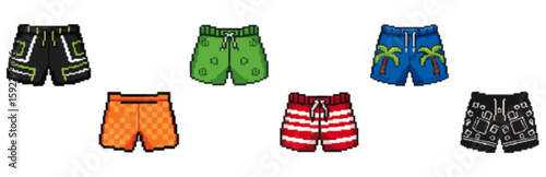 A collection of six diversely patterned men's swim shorts, showcasing various colors and designs.