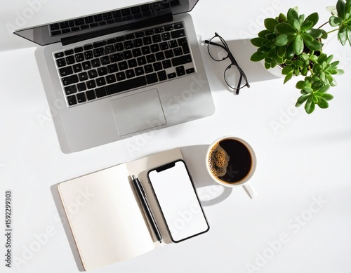 Flat Lay Workspace with Laptop, Smartphone, Coffee Mug, Notepad, and Plant on White Desk